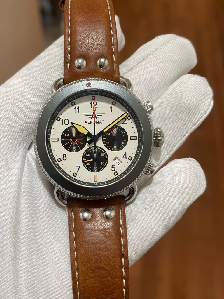 Aeromat Pilot Mens Watch Vol De Nuit Black Quartz Leather Band White & Yellow 44